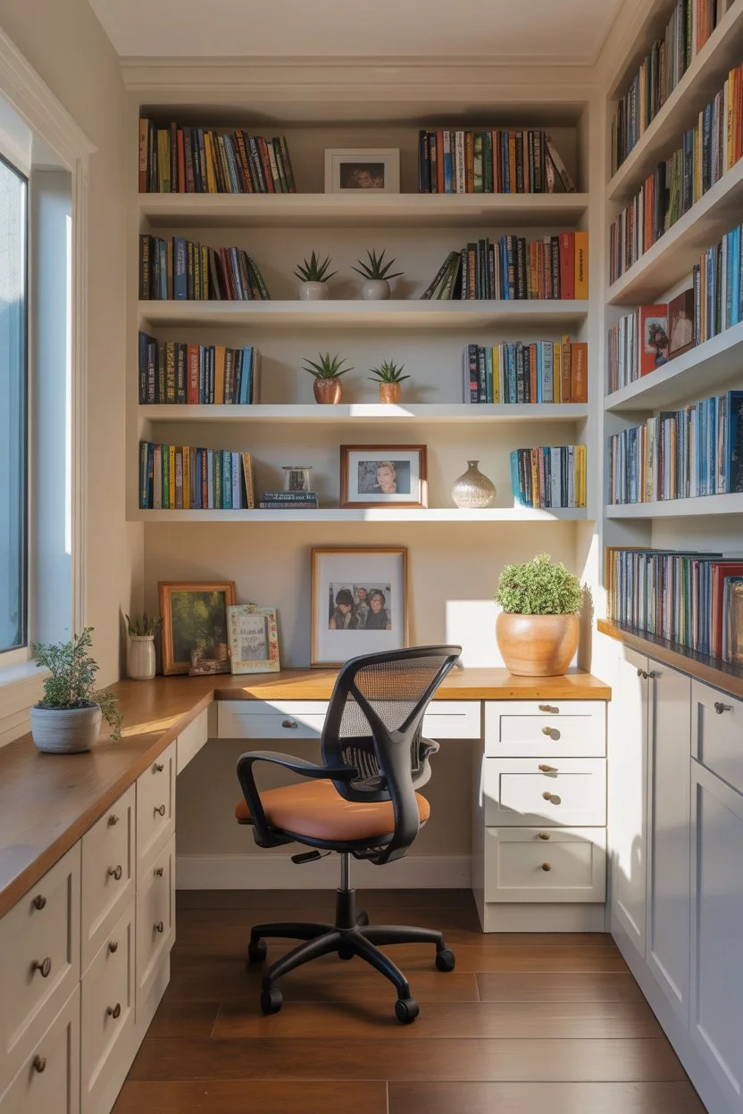 Modern home office with wooden desk, bookshelf and ergonomic chair