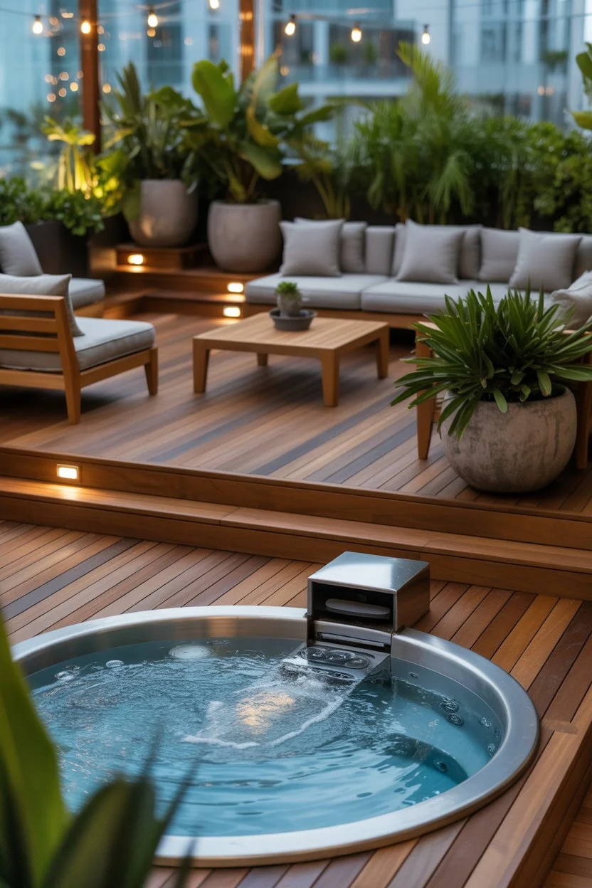 Modern jacuzzi terrace featuring wooden deck, comfortable seating, lush plants, and warm ambient lighting