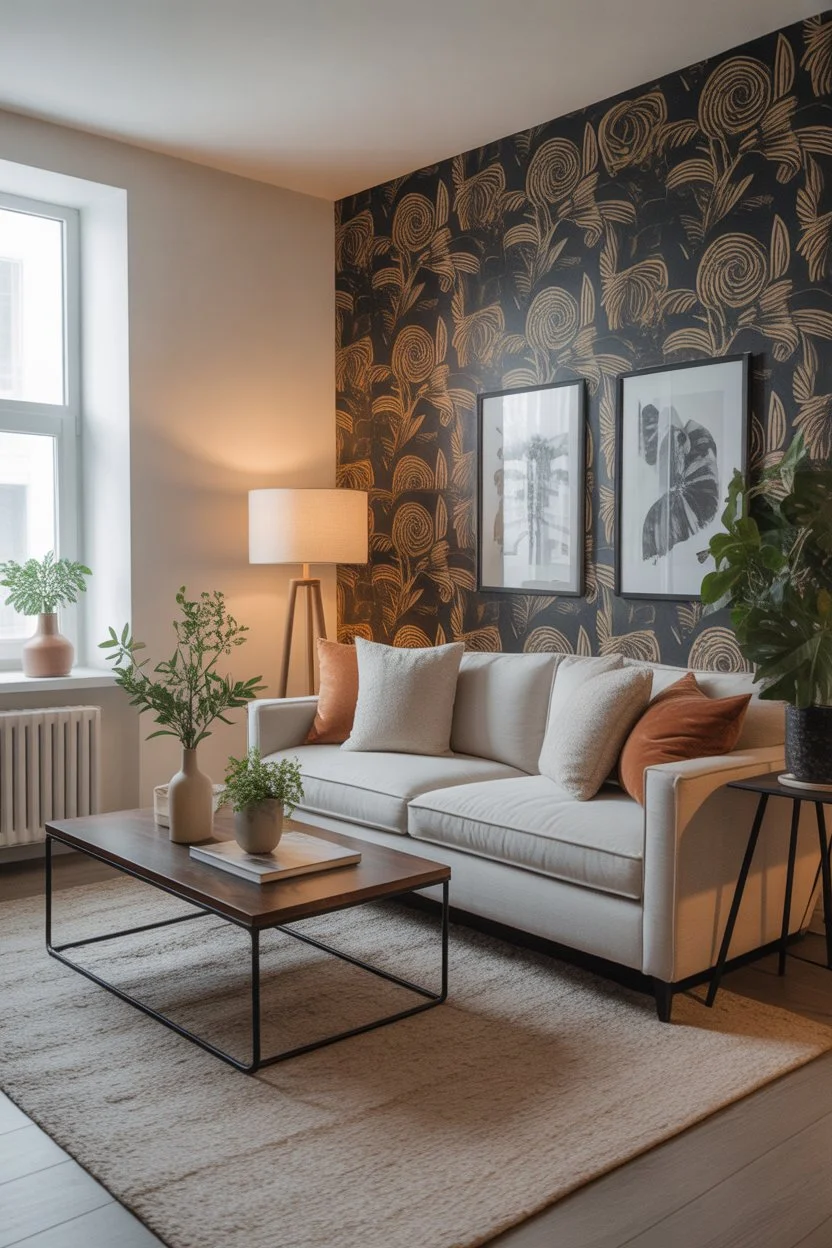 Modern living room with accent wallpaper wall, neutral sofa, and stylish decor