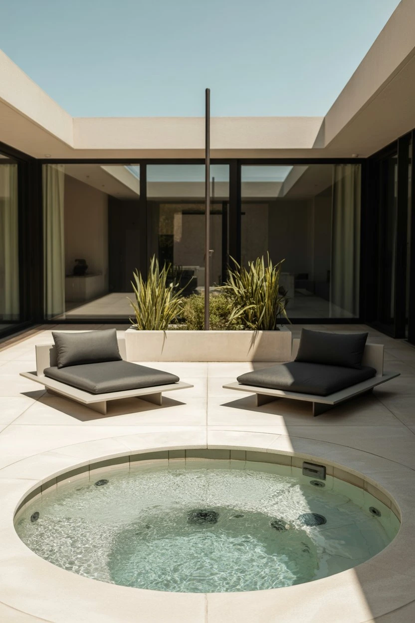 Modern luxury patio with built-in jacuzzi and lounge chairs
