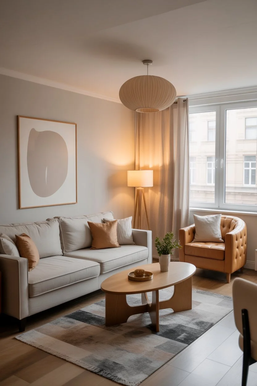 Modern neutral living room with beige sofa, wooden coffee table, and cozy minimalist decor