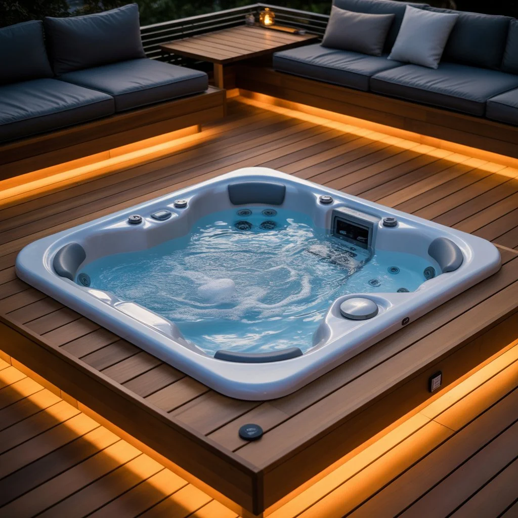 Modern outdoor jacuzzi on wooden deck with warm LED lighting and luxury seating