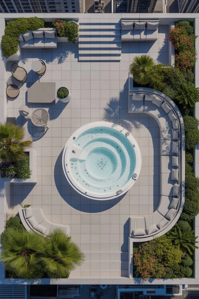 Modern outdoor jacuzzi terrace with circular spa, rooftop seating, greenery, and minimalist design viewed from above