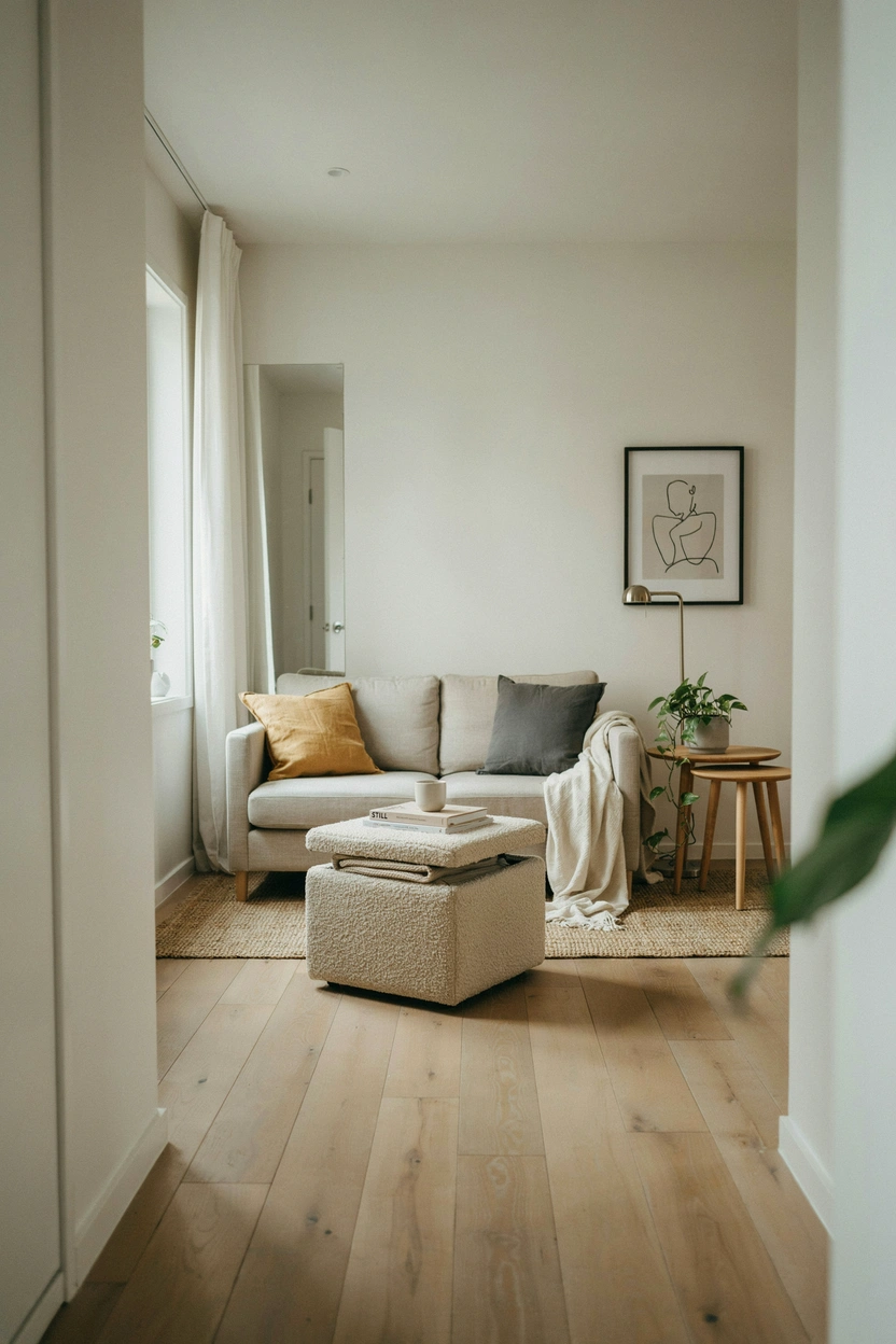 Multifunctional storage ottoman and nesting tables in a space-saving rental living room