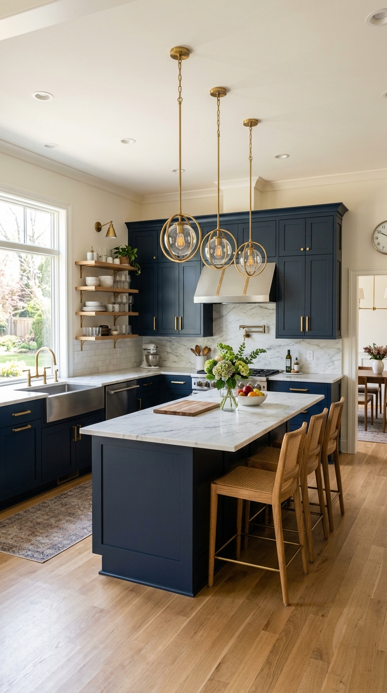 Navy blue kitchen cabinets with brass hardware and marble countertop
