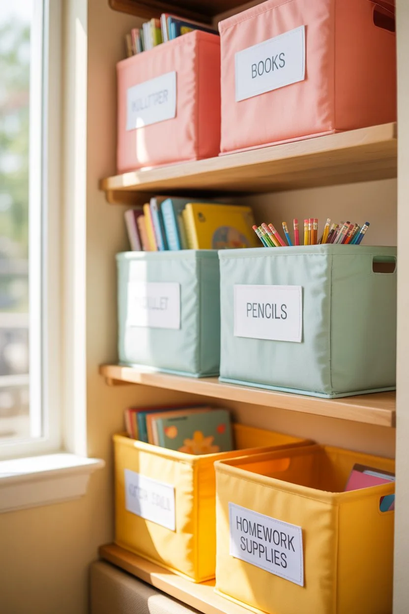 Colorful labeled storage bins organizing kids homework supplies on living room shelves