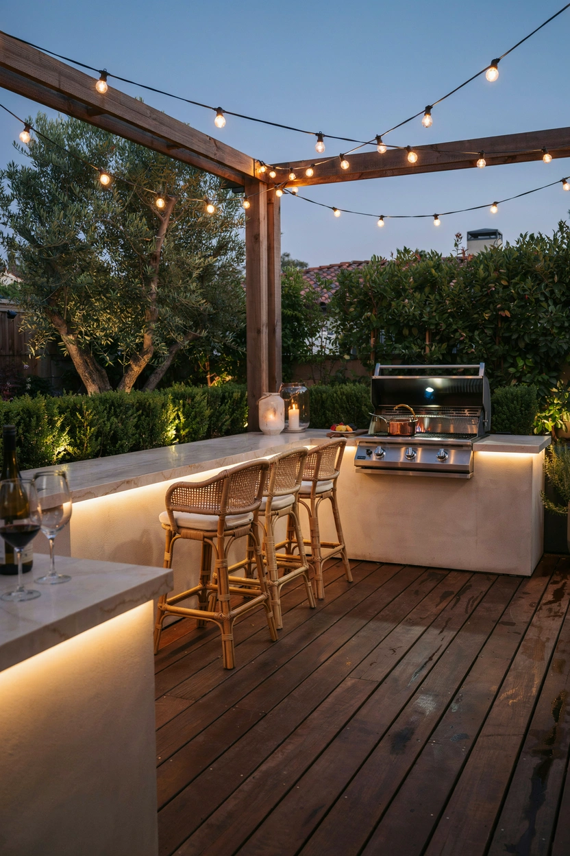 Modern outdoor kitchen with warm night lighting and cozy backyard ambiance