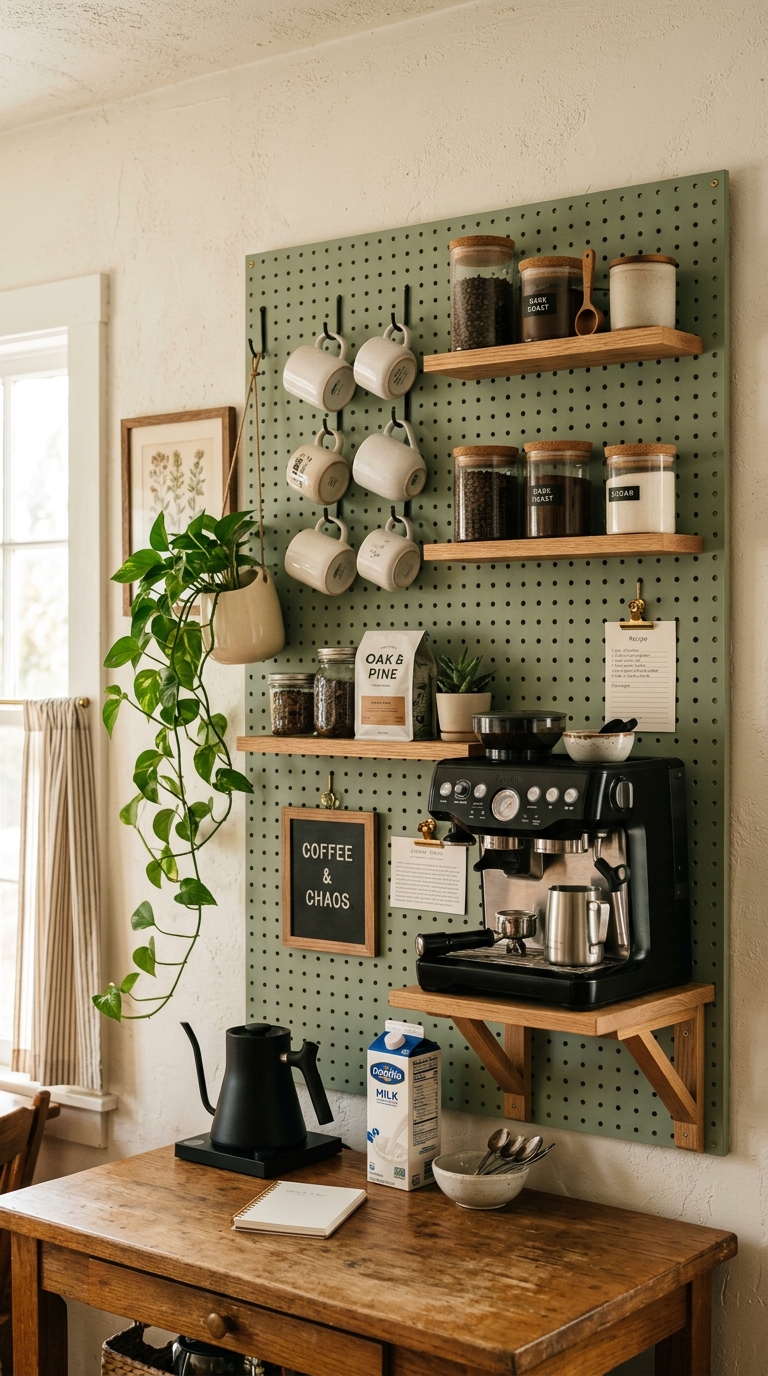 Sage green pegboard coffee bar with hanging mugs, wooden shelves, glass jars, and espresso machine