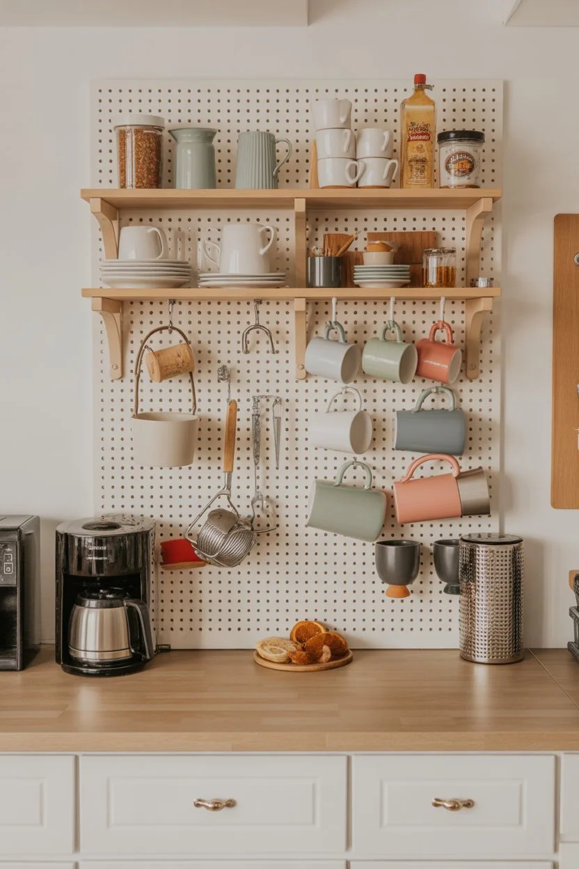 Pegboard coffee corner with hanging mugs