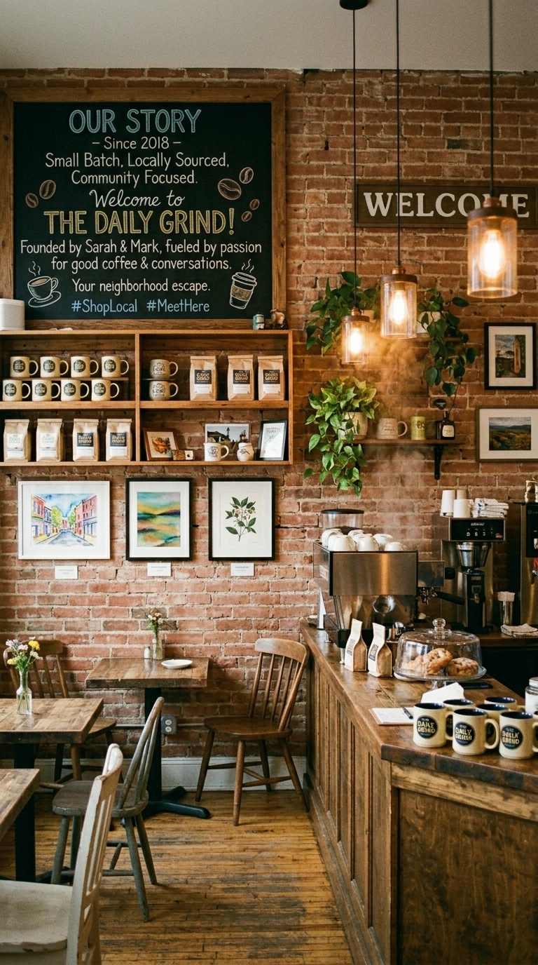 Small independent coffee shop with personalized branding including custom mugs, hand-lettered chalkboard, and local artwork