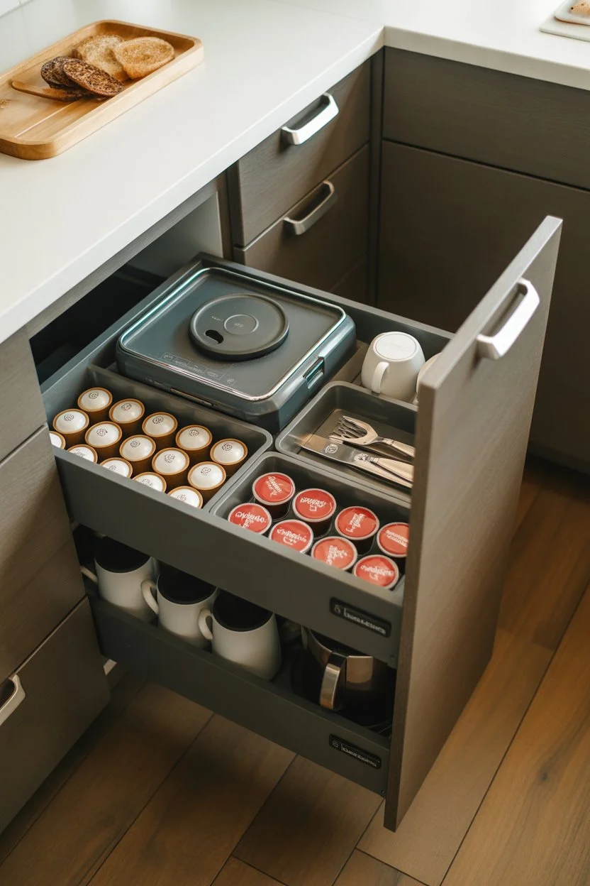 Pull-out coffee drawer with organized pods