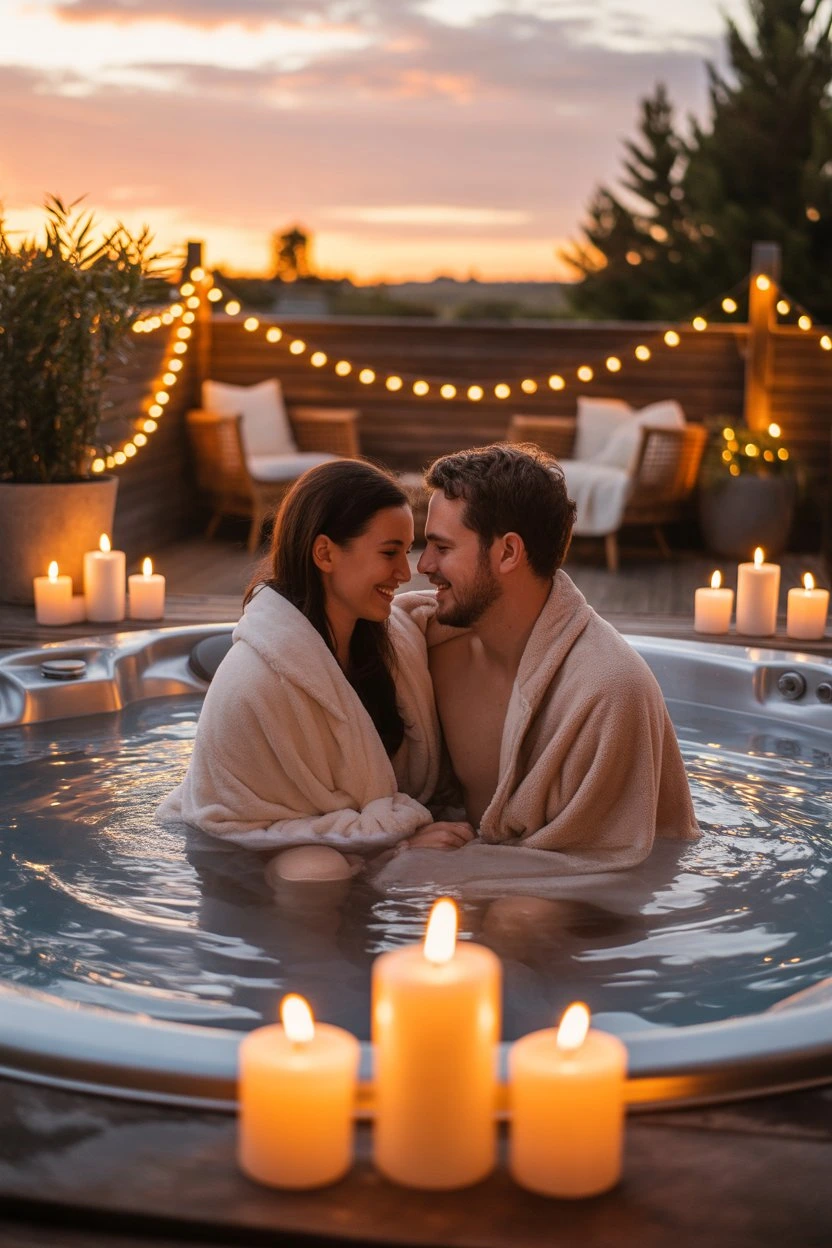 Romantic couple relaxing in outdoor jacuzzi with candles and evening lights