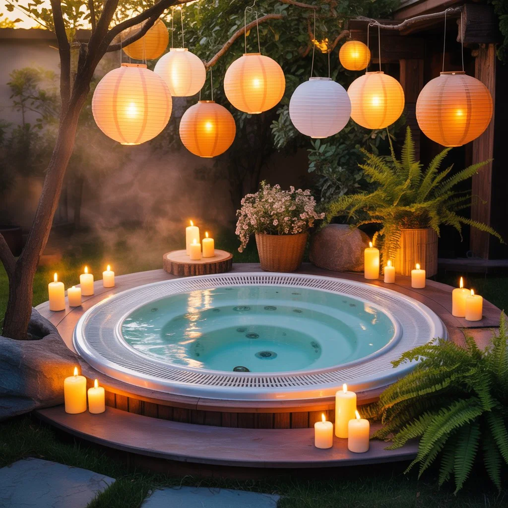 Romantic garden jacuzzi with candles, lantern lights and peaceful outdoor ambiance