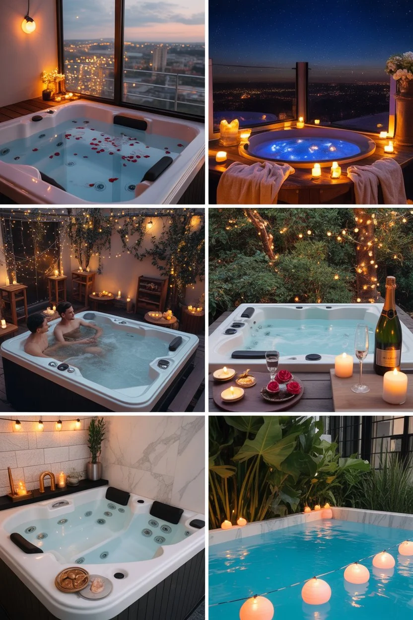 Romantic jacuzzi ideas featuring luxury outdoor and indoor spa setups