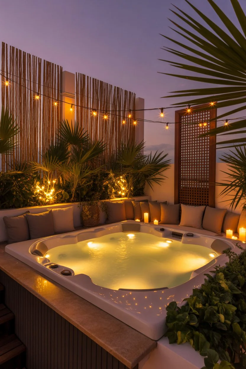 Minimalist outdoor jacuzzi terrace with sleek design, wooden deck, and contemporary seating