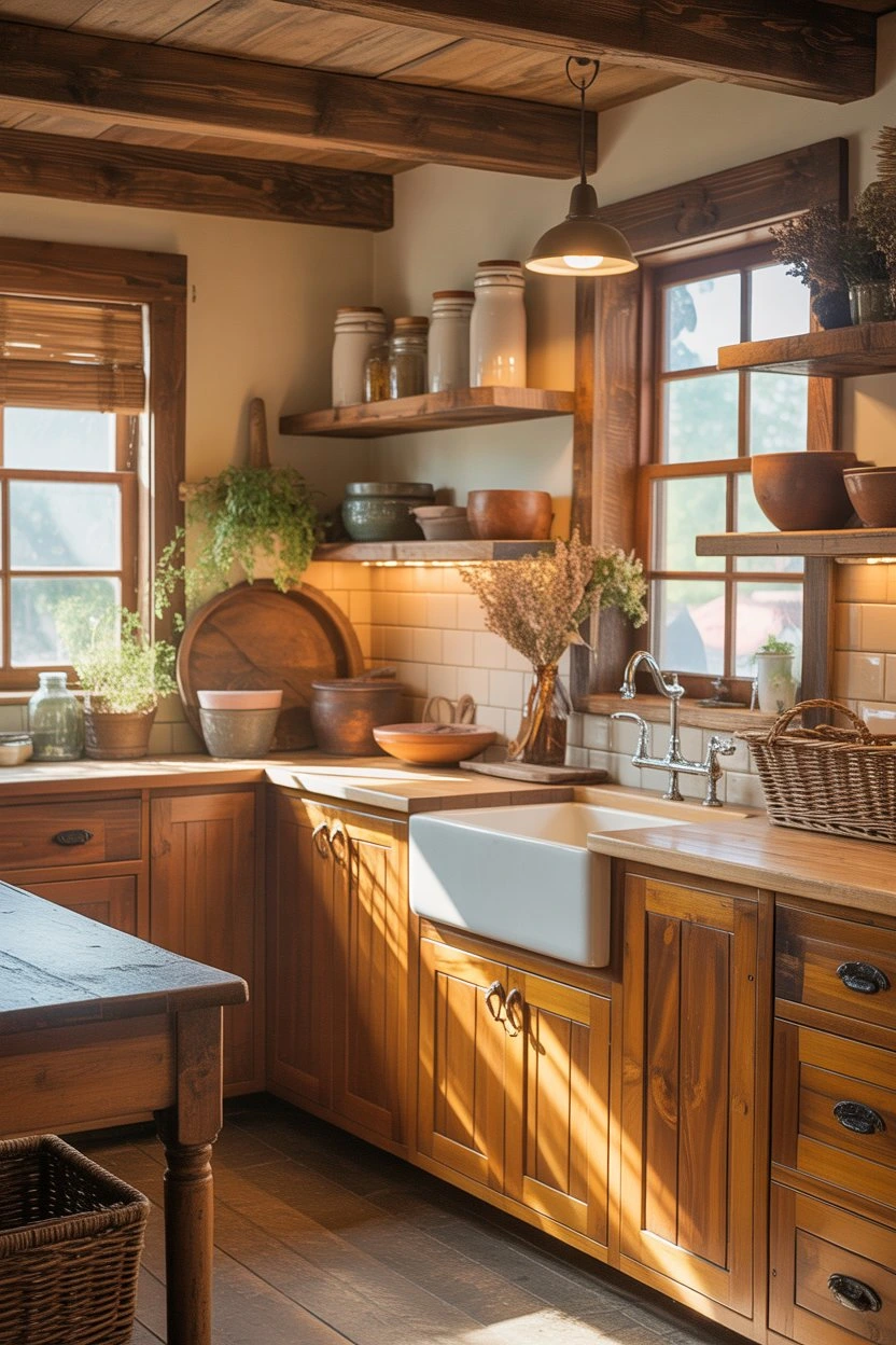 Rustic farmhouse kitchen with wooden cabinets, open shelves, and a classic farmhouse sink
