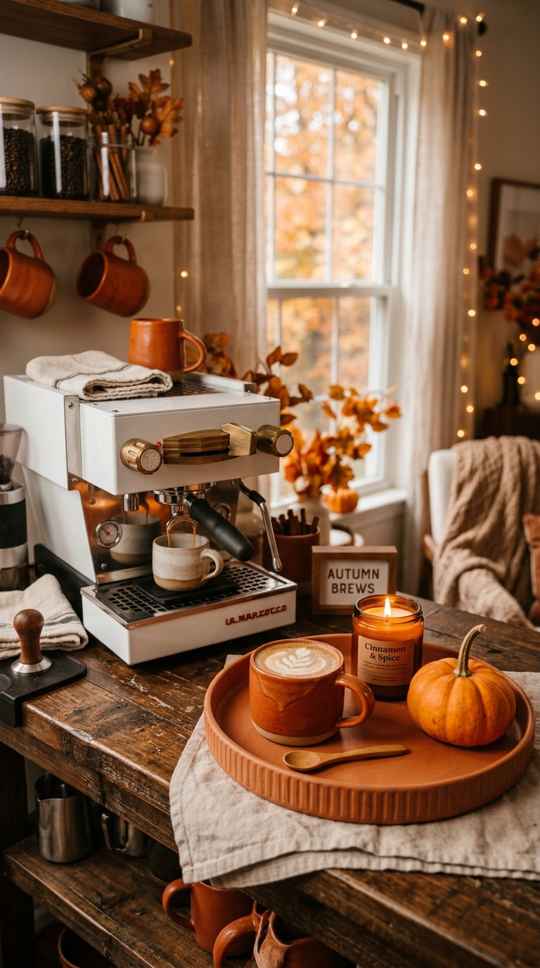Seasonal autumn coffee bar with white espresso machine, orange mugs, small pumpkin, and cinnamon candle