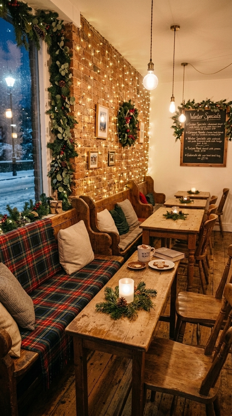 Small coffee shop with winter seasonal décor including pine sprigs, candles, fairy lights, and tartan throw