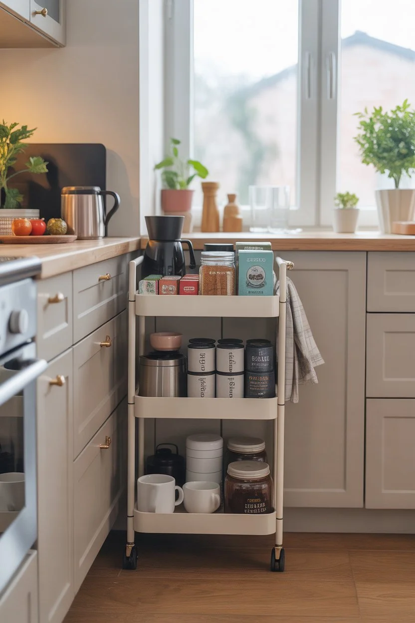 Slim coffee trolley for small kitchen storage