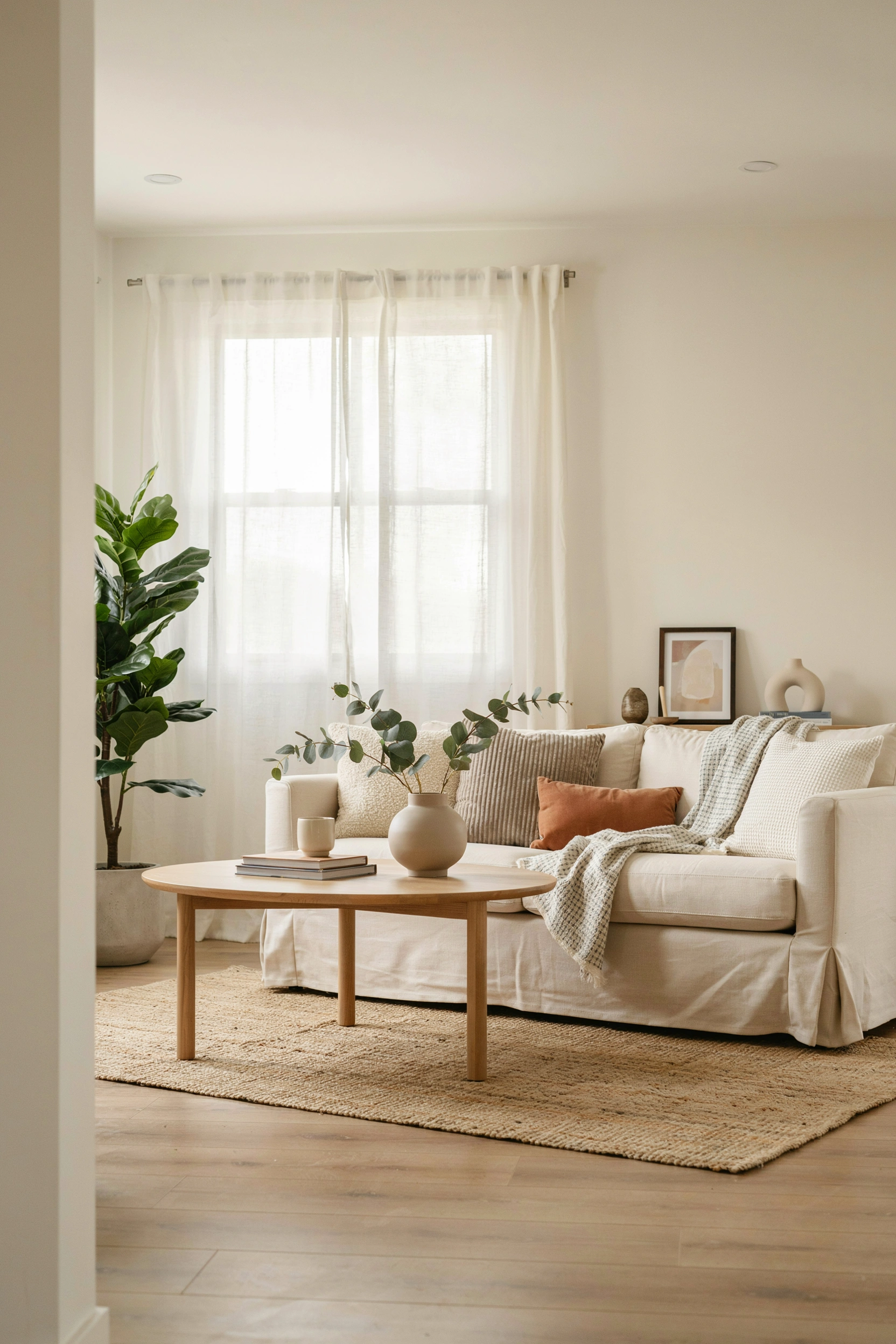 Cream slipcover refreshing an old sofa in a renter-friendly living room