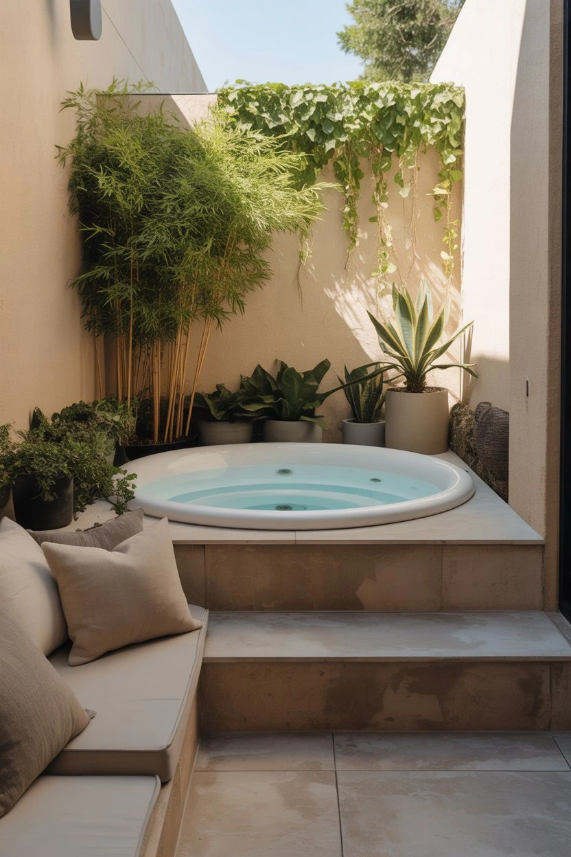 Small courtyard jacuzzi with indoor plants and modern seating