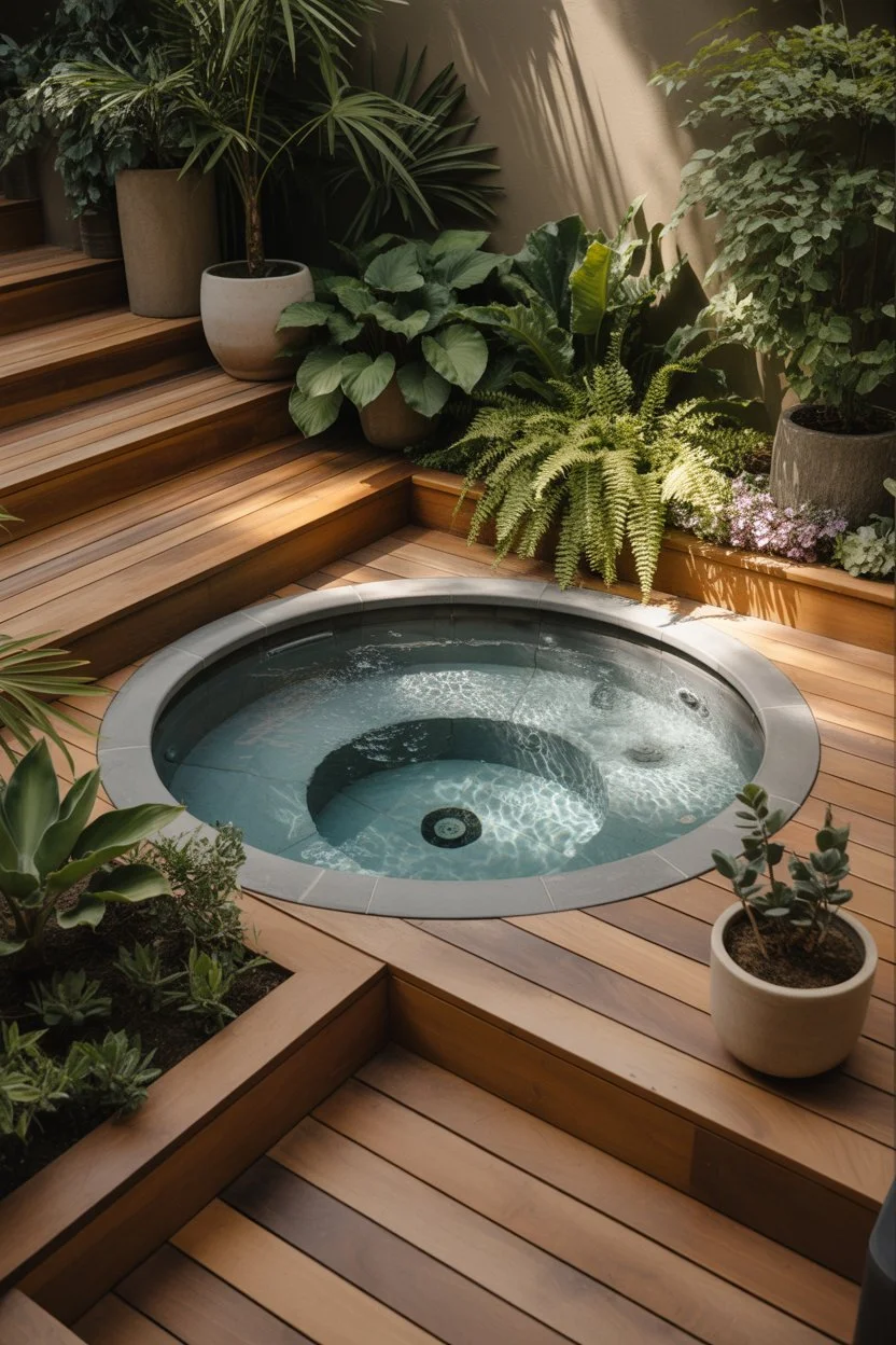 Small garden jacuzzi built into wooden deck with lush plants