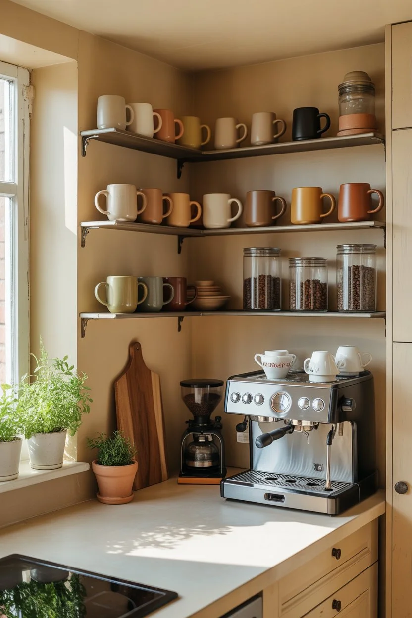 Small kitchen coffee station with open shelves and espresso machine