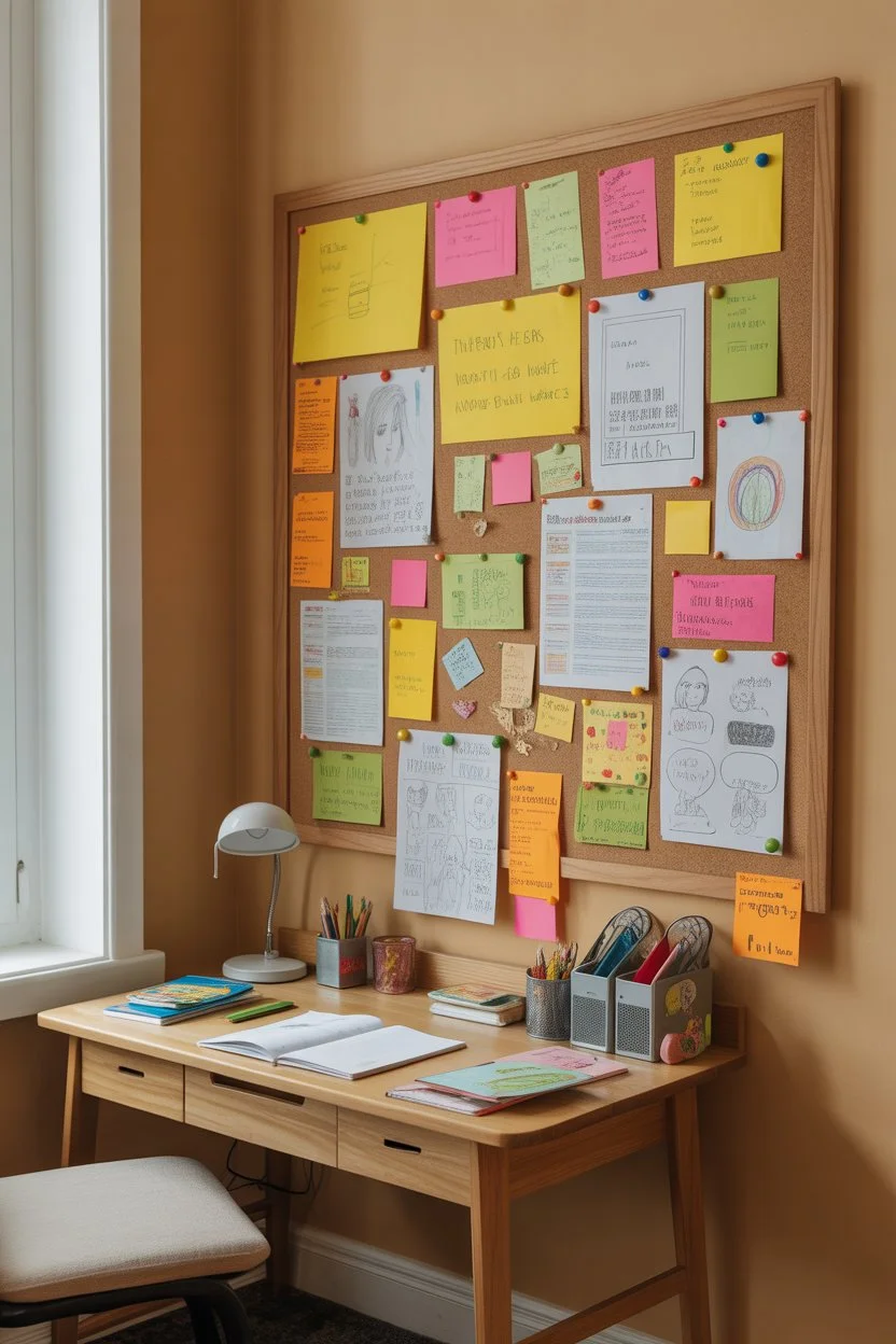 Creative study desk with cork board, notes and stationery near window