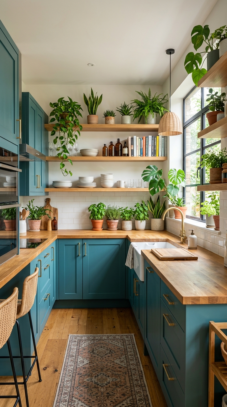 Teal kitchen cabinets with natural wood shelving and accents