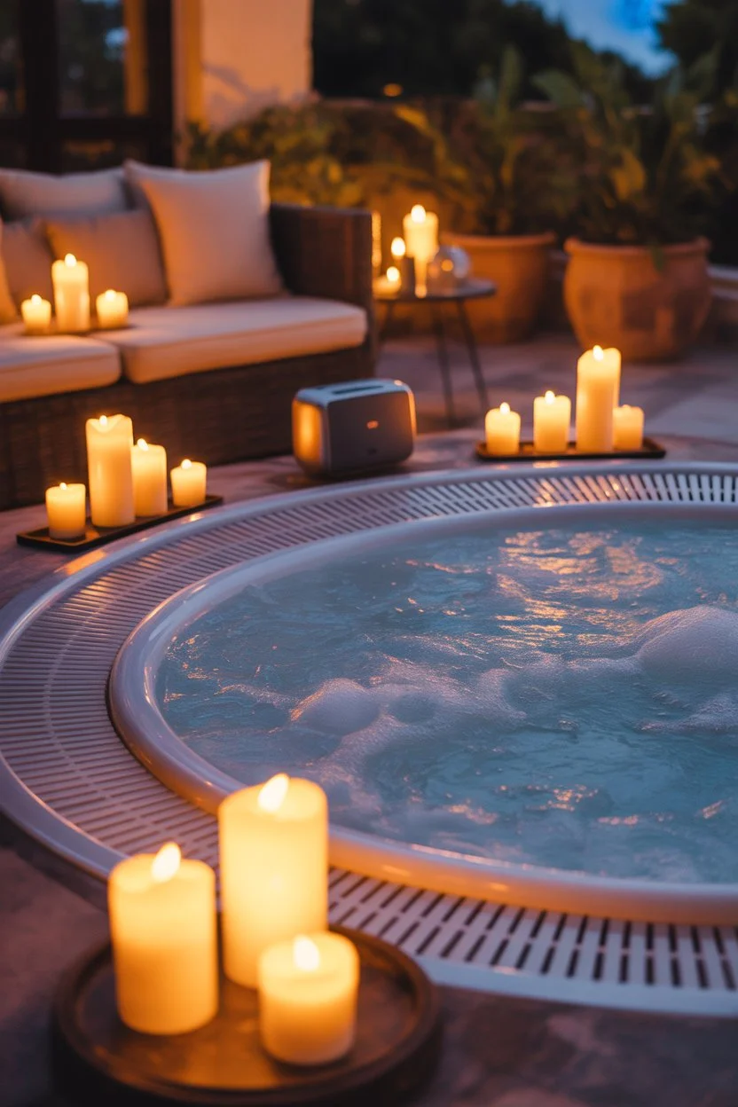 Terrace jacuzzi at night with candles, cozy seating and relaxing outdoor vibe