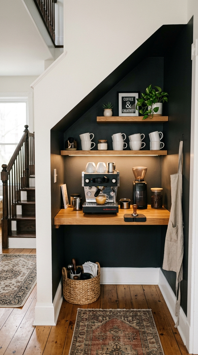 Under-stair coffee corner with built-in shelves, espresso machine, and warm LED lighting in a small home