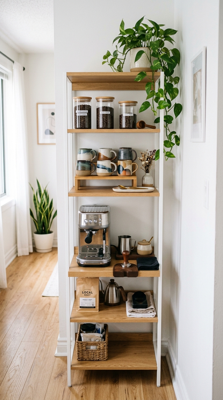 Vertical shelving coffee bar in small apartment with mugs, espresso machine, and glass coffee jars