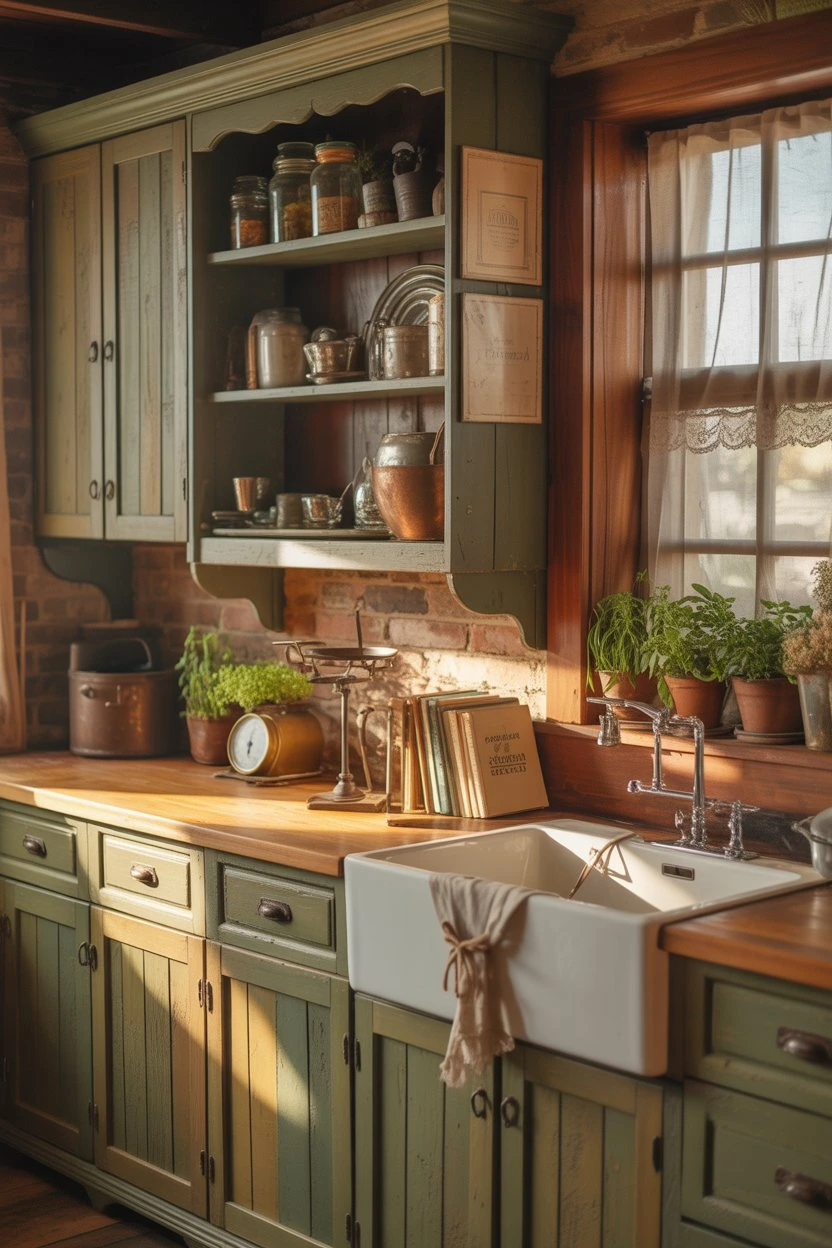 Vintage green farmhouse kitchen with rustic cabinets, farmhouse sink, wooden countertop, and natural light.