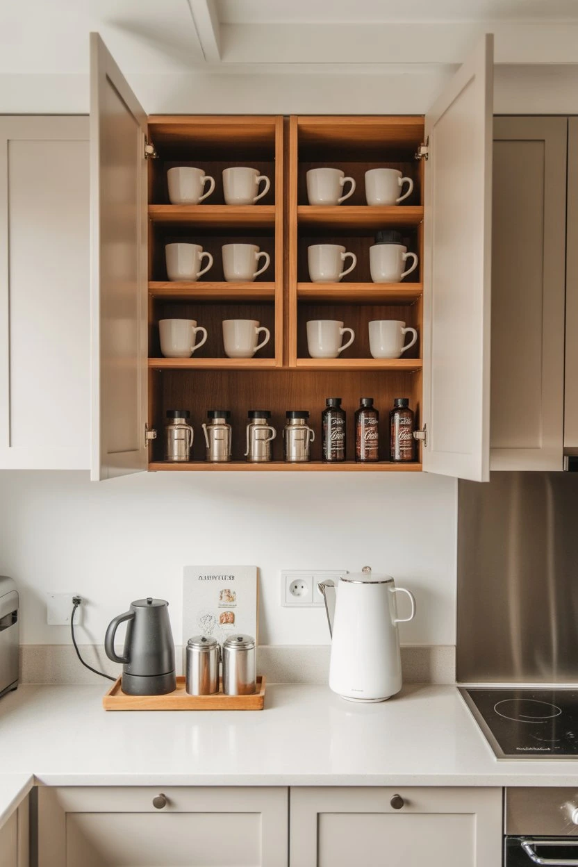 Wall cabinet coffee station with hidden storage