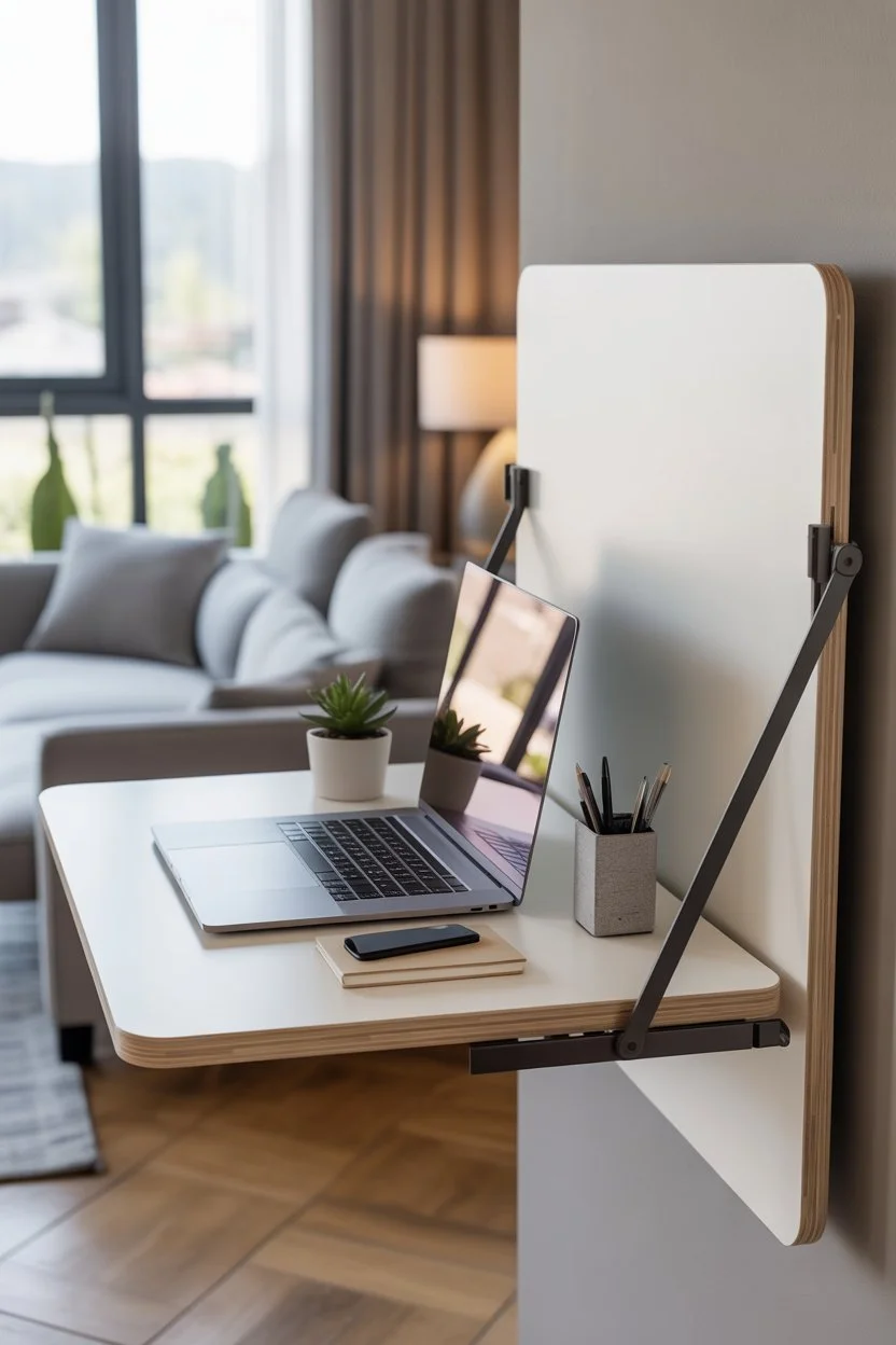 Wall mounted foldable desk creating a compact workspace in a modern living room