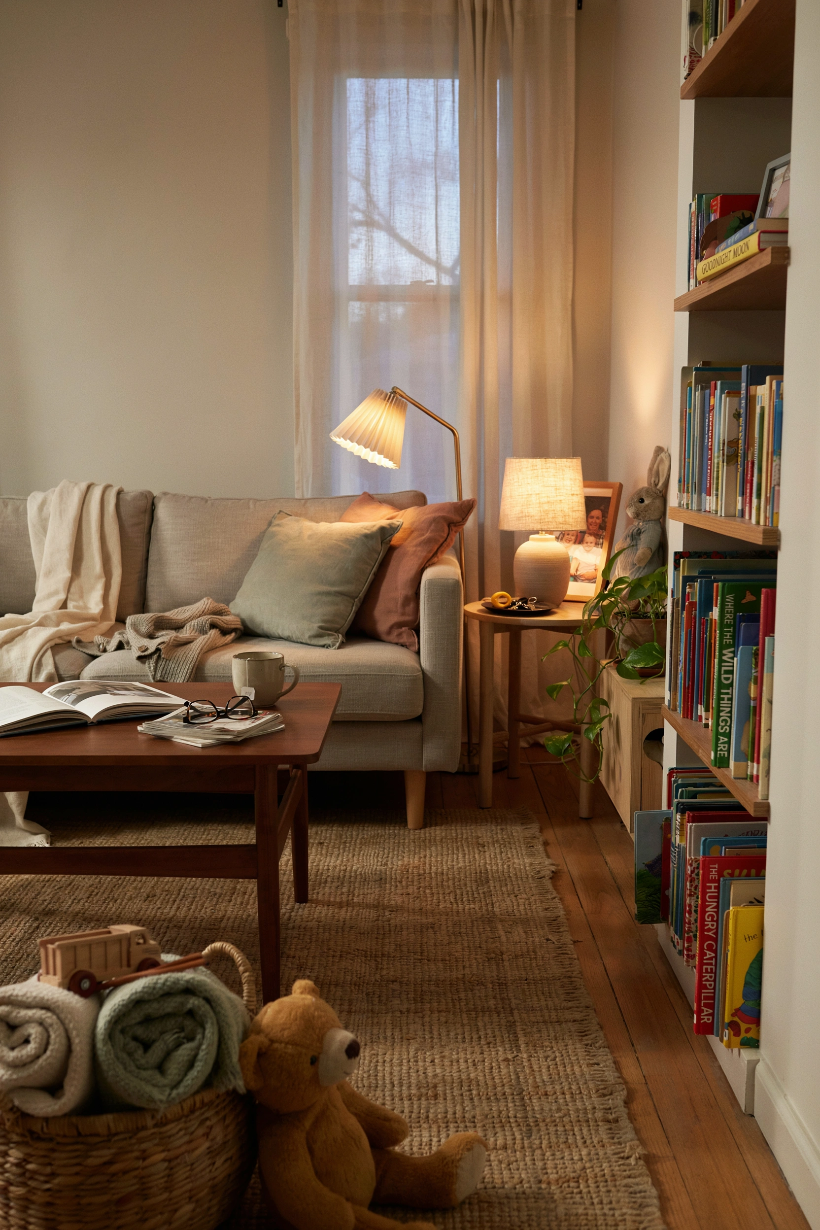 Cozy family living room with warm floor lamp lighting instead of harsh overhead lights