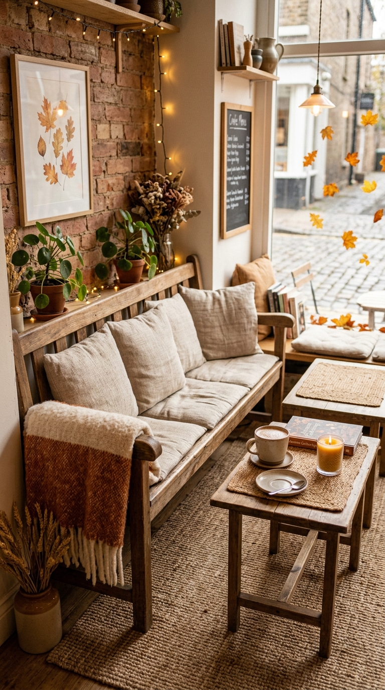 Cozy coffee shop seating with linen cushions, jute rug, woven placemats, and soft throw for a warm tactile atmosphere