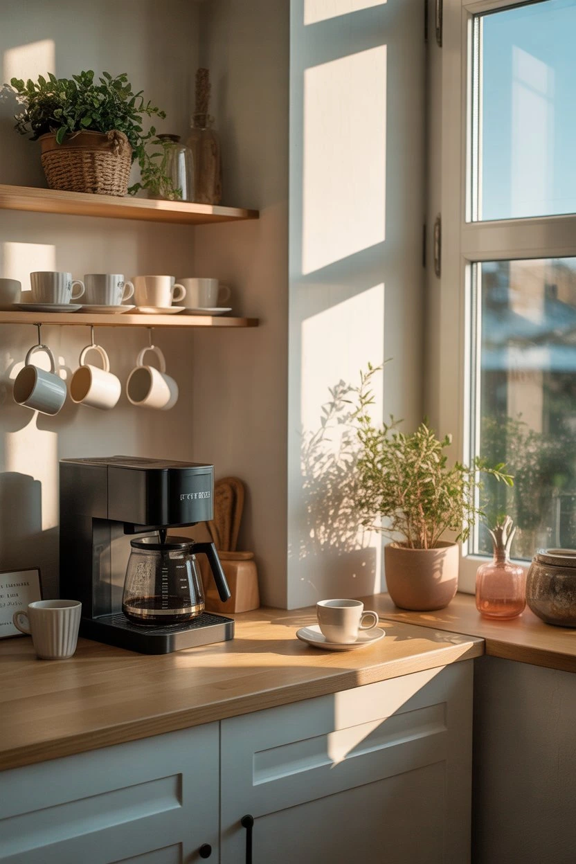 Window nook coffee station with natural light