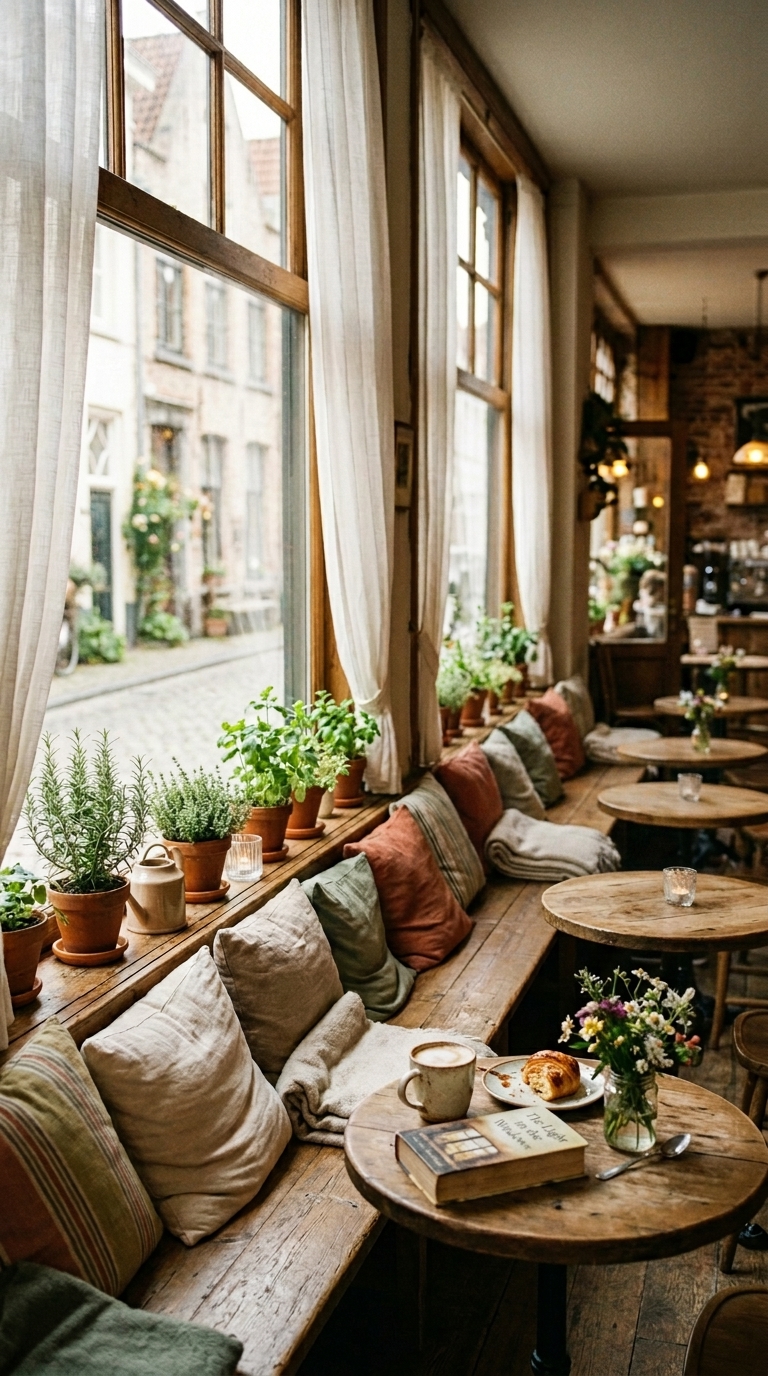 Small coffee shop window seating with wooden bench, linen cushions, sheer curtains, and natural afternoon light