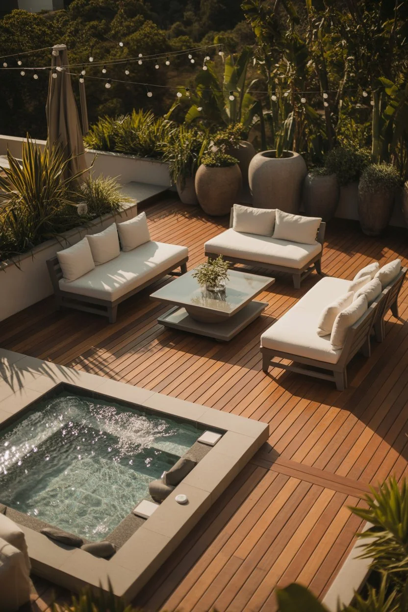 Elegant outdoor jacuzzi terrace with wooden flooring, cozy seating, and modern spa-inspired decor