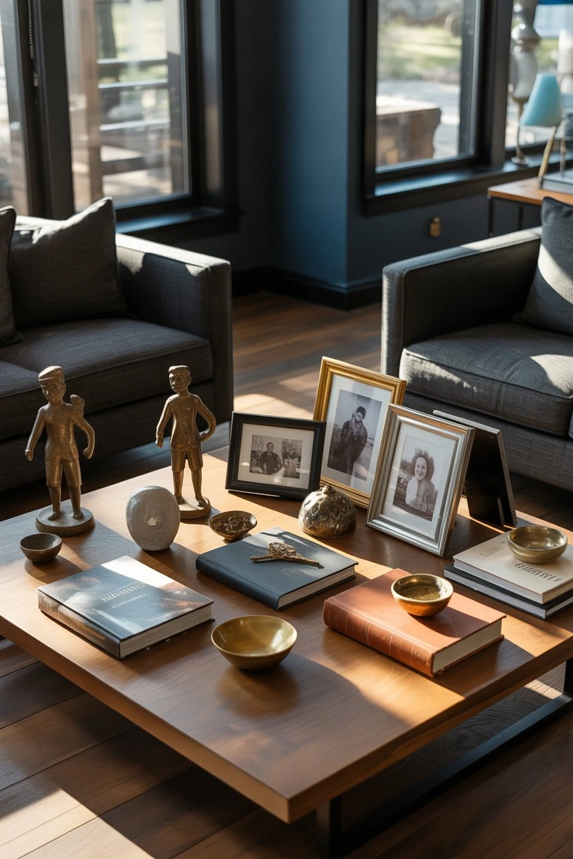Coffee table with personal decor items like photos and souvenirs