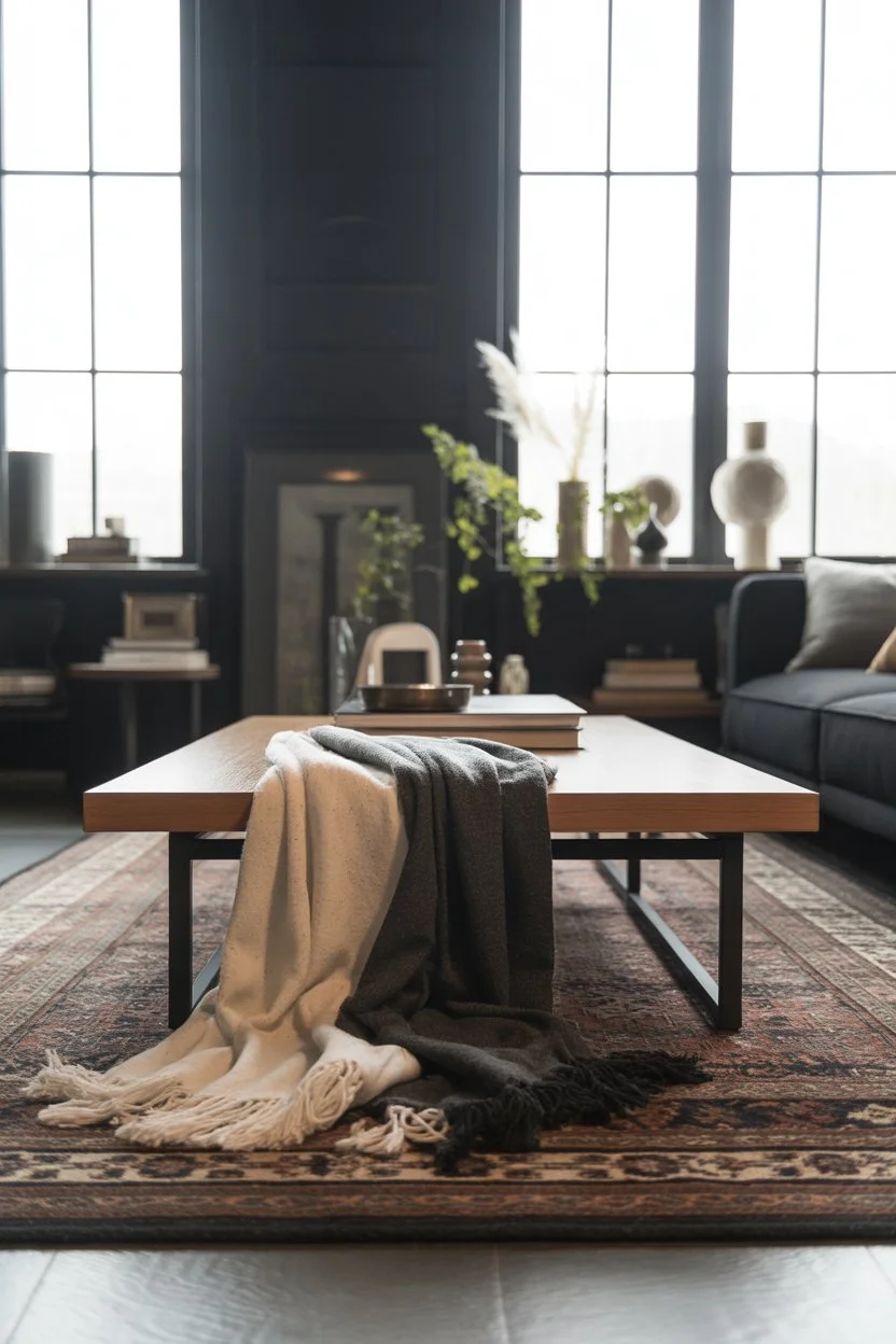 Coffee table with textured rug and throw blanket