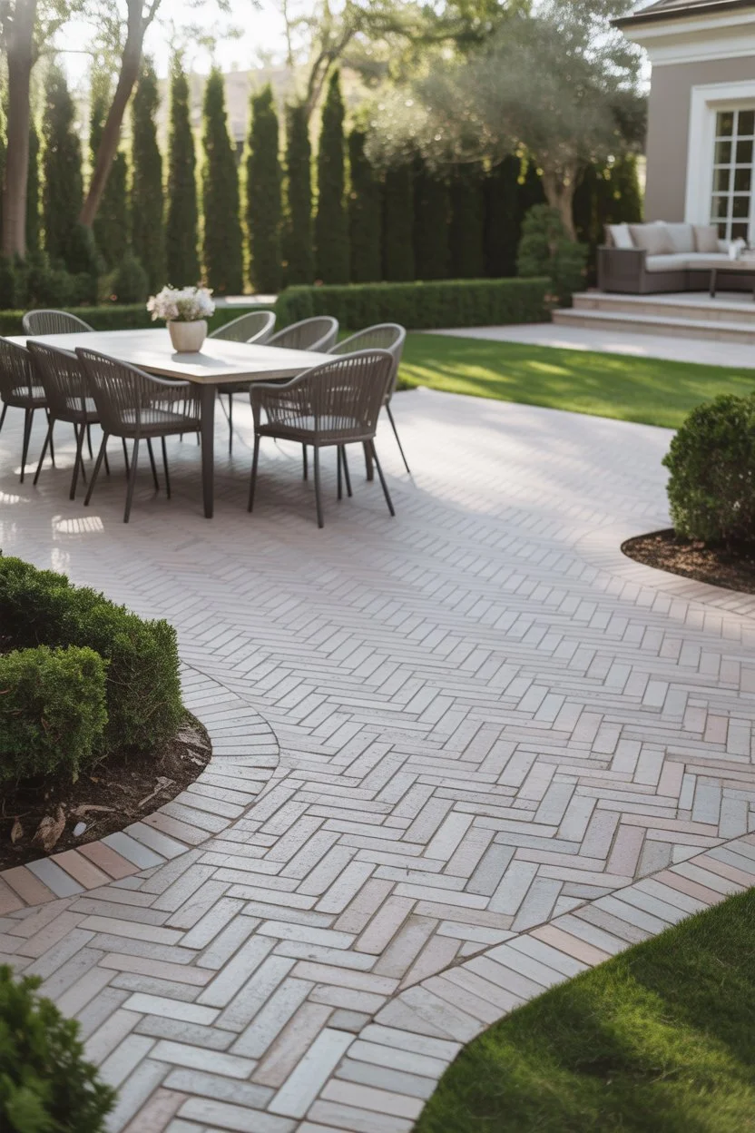 Backyard patio featuring a herringbone brick paver pattern.