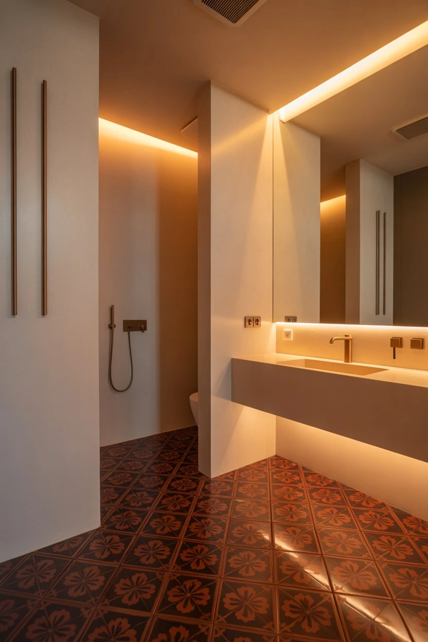 Beige bathroom with red floor tiles, stylish modern design