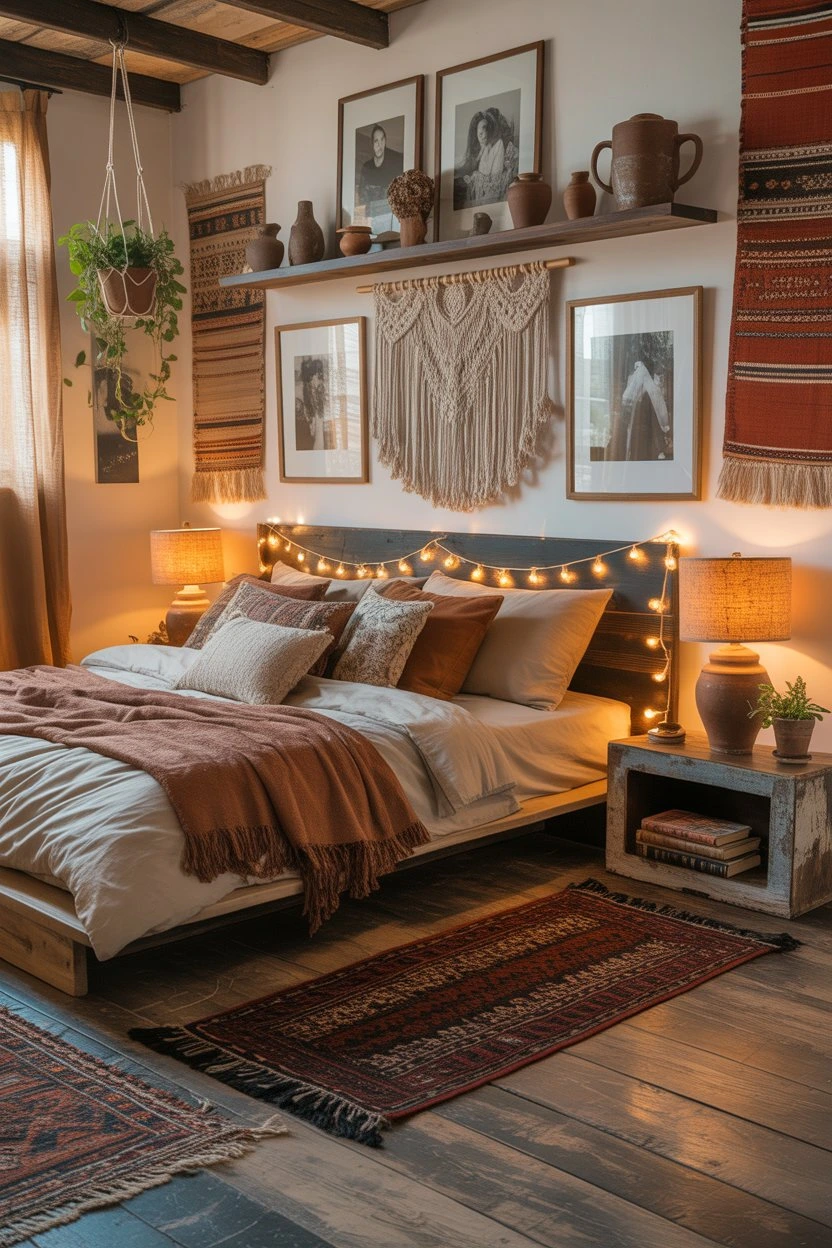 Rustic boho bedroom with textured area rug