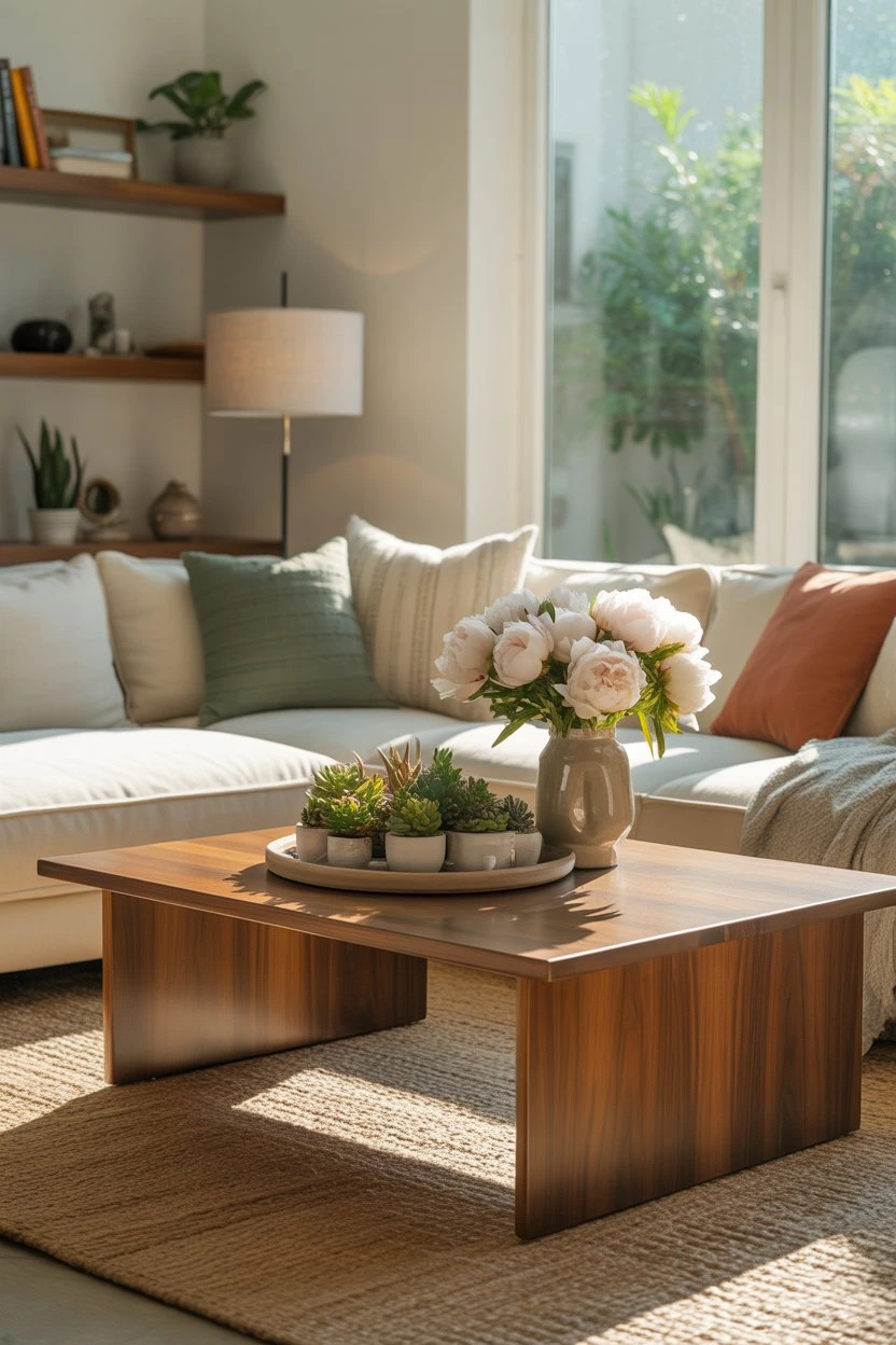 Coffee table decorated with potted plants and fresh flowers