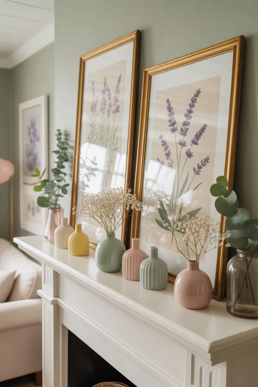 Fireplace mantel with framed botanical prints