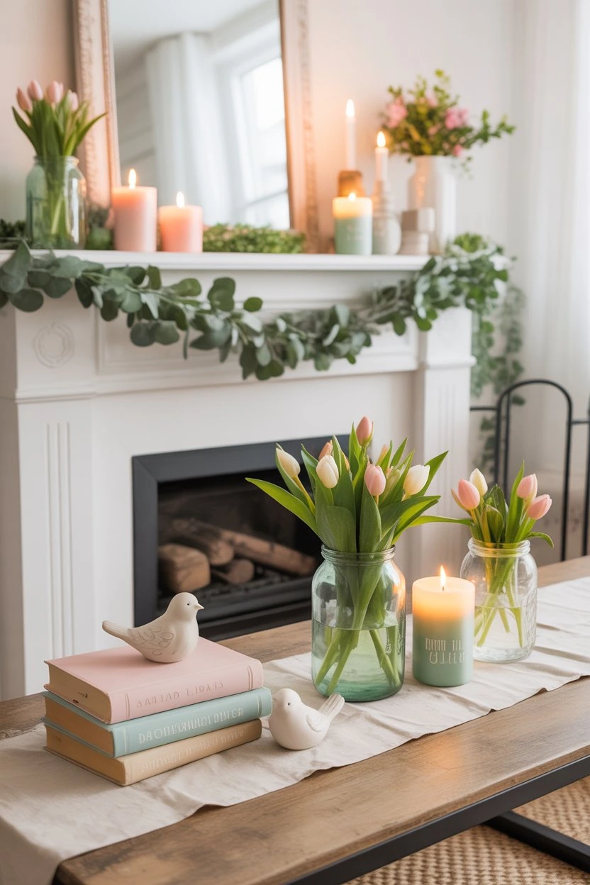 Bright and cozy living room with a white fireplace