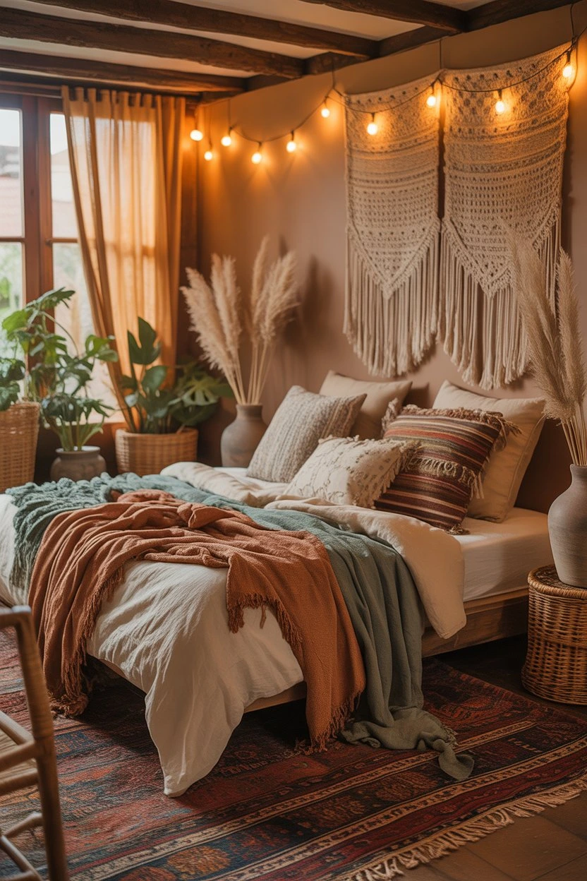Lightly styled rustic boho bedroom