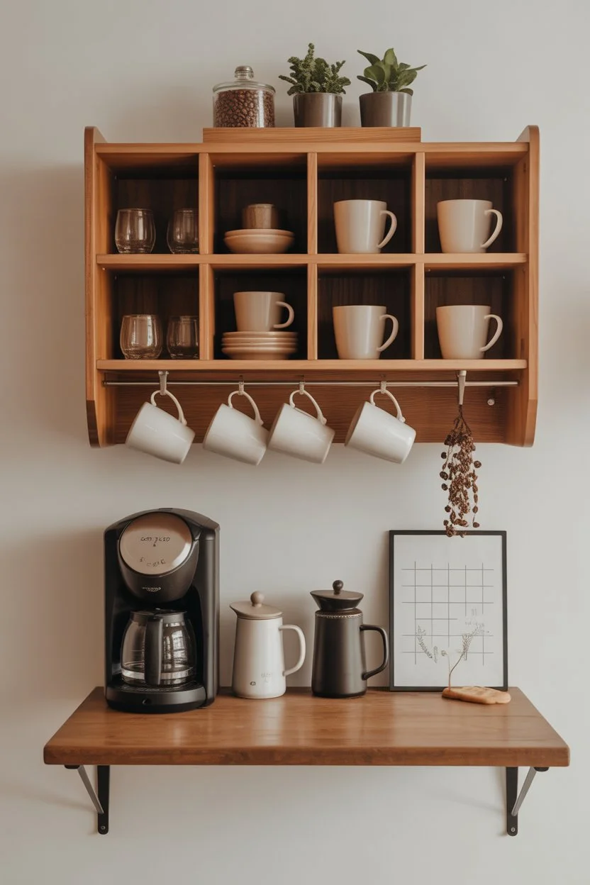 Wall-mounted coffee bar with concealed storage